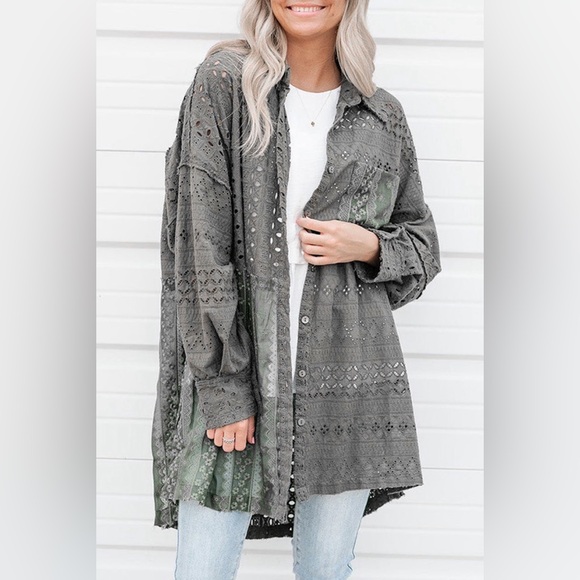 Duffel Green Eyelet Pattern Patchwork Oversized Button Up Shacket Bohemian style - Picture 1 of 15
